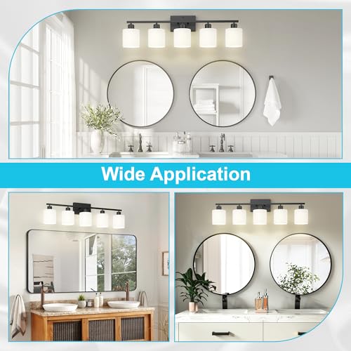 Bathroom Black Lighting Fixtures Over Mirror, Anti-Rust 5-Light Bathroom Vanity Lights,Milky White Glass Shades - color: Black-5Light