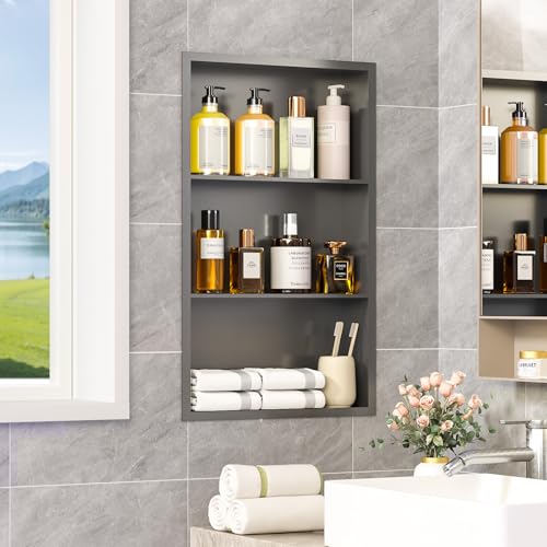 14x24 Recessed Medicine Cabinet, Bathroom Wall Cabinet, 304 Stainless Steel Recessed Wall Niche with 3-Tiers Shelves, Matte Gray - color: Matte Gray, size: 14'' x 24''