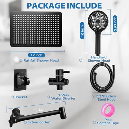 Shower Head,12”Rain Shower Head with Handheld Spray Combo with 11'' Angle Adjustable Extension Arm/Flow Regulator/Shower System,High Pressure Rainfall Shower Head Clean Bathroom,Matt Black - color: Black, size: 12 Inch