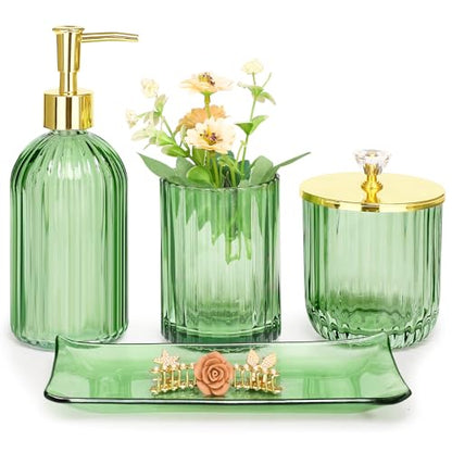 Haturi Glass Bathroom Accessories Set, Green Bathroom Set, 4 Pcs | Kit w/ Bathroom Soap Dispenser Set, Toothbrush Holder, Qtip Holder, Soap Dish, Green Bathroom Decor, Gift for Home Apartment - style: Light Green