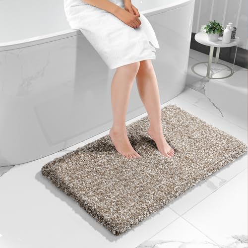 Yimobra Fluffy Plush Bath Rug, Shaggy Soft Comfortable Non Slip, Water Absorbent Microfiber Bath Mat, Dry Quick, Machine Washable Thick Bathroom Floor Rugs for Shower, 44" X 24", Light Brown and White - color: Light Brown and White, size: 44" X 24"