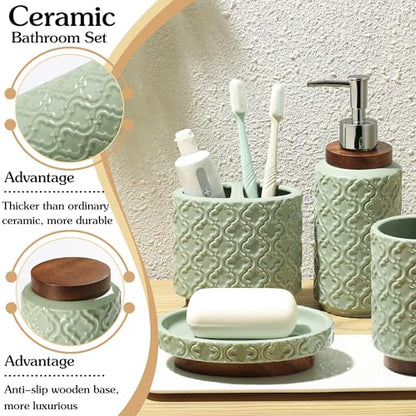 RQYIXI Ceramic 4-Piece Bathroom Accessories Set,Sage Green | Countertop Essentials Embossed Textured Design Solid Wood Non-Slip Detail Sage Green Finish - color: Green, size: Embossed Textured-4-Piece