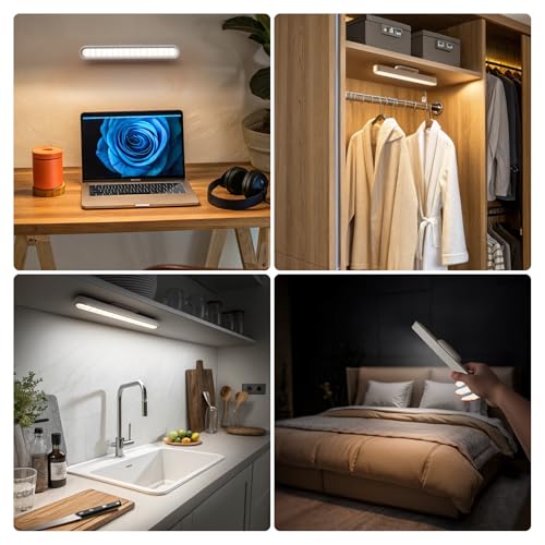 AKSDA Rechargeable Magnetic Under Cabinet Lighting, 3 Colors Adjustable Mirror Lights with 50 LED, 2600mAh Battery Makeup, Touch Lights Bar for Closet Bathroom Kitchen Sink Picture