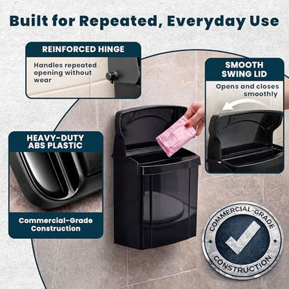 Alpine Sanitary Napkin Receptacle - Feminine Hygiene Disposal Container, Wall Mounted Trash Can with Odor Control Seal & Installation Hardware (Black) - color: Black