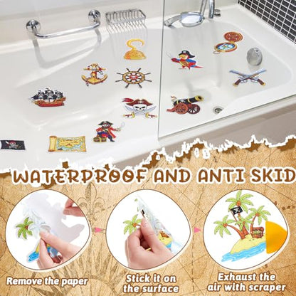 Fullhawl 30 Pcs Pirate Non Slip Shower Stickers, Bathtub Safety | 30 Pack Pirate Theme, Durable Anti Slip Surface, Strong Grip Adhesive, Fun Safety Solution for Kids' Bath Time - style: Pirate