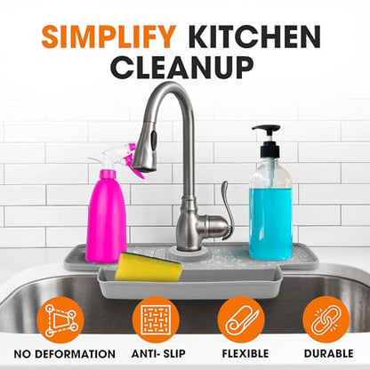 Cheer Collection Silicone Draining Mat - Kitchen Sink Splash Guard with Anti-Slip Features & Upgraded Water Catcher Tray, Gray
