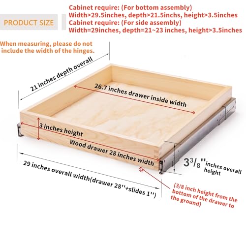 29”W x 21”D x 3”H Soft Close Slide Out Wood Drawer Organizer for Kitchen, (Cabinet Opening>29.5 inches for Bottom Assembly, Width= 29 inches for Side Assembly) - size: 29”W x 21”D