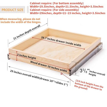 29”W x 21”D x 3”H Soft Close Slide Out Wood Drawer Organizer for Kitchen, (Cabinet Opening>29.5 inches for Bottom Assembly, Width= 29 inches for Side Assembly) - size: 29”W x 21”D