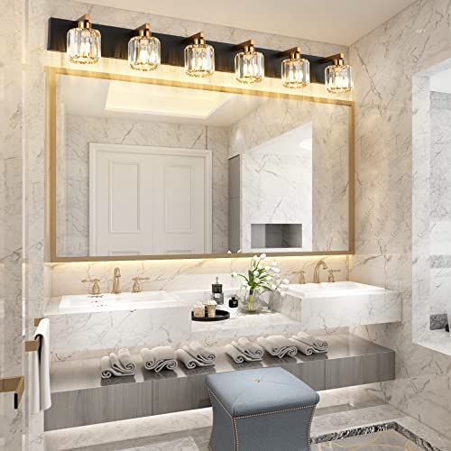 Aipsun Bathroom Light Fixtures Crystal Vanity Light Black and Gold 6 Lights Vanity Lighting Fixtures (Exclude Bulb) - color: Black Gold (Round), size: 49 inch