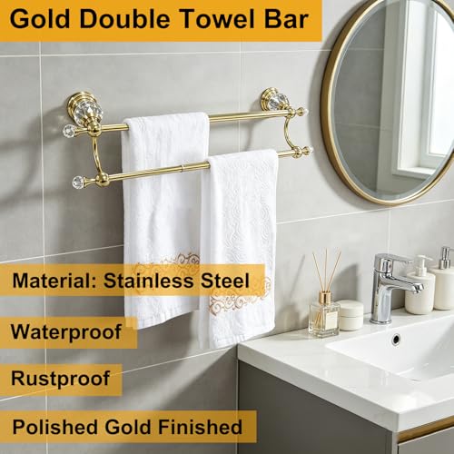 Gold Crystal Double Towel Bar, Adjustable Towel Racks for Bathroom | Polished Gold Towel Bar for Bathroom Wall Mounted Fits 18-30 Inch Wall Space, Stainless Steel Towel Rod Holder - color: Gold Towel Bar