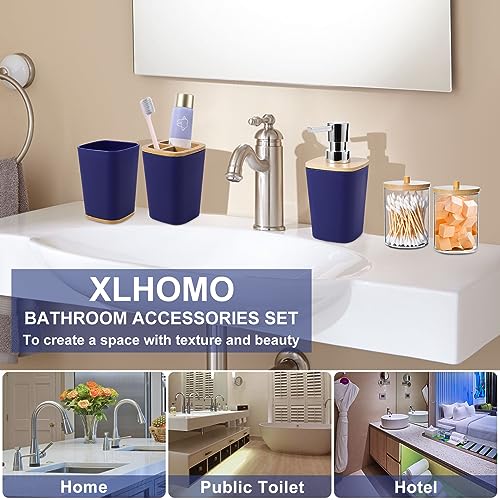 Bathroom Accessories Set, 9 Piece Navy Blue Bathroom Accessory Set with Trash Can,Toothbrush Holder,Toothbrush Cup,Lotion Soap Dispenser,Vanity Tray,Soap Dish,Toilet Brush,Qtip Holder - size: Bath Set, style: Navy Blue
