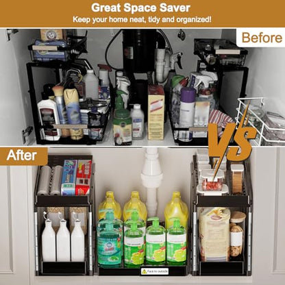 NIUXX Expandable Under Sink Organizer: 2 Tier Height Adjustable | Under Cabinet Organizer - Double Pull Out Shelf Under Sink Storage for Kitchen - Bathroom and Laundry Room - Space Saving - size: 27.9"L x 15.51"W-Height adjustable