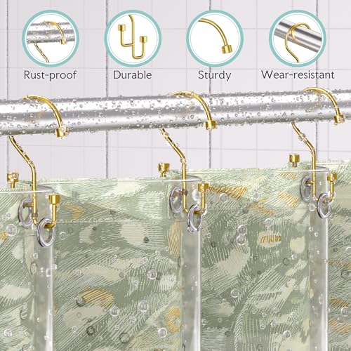 Bathway 12-Pack Double Shower Curtain Hooks, Rust-Resistant Metal Shower Curtain Rings with High-Low Design to Separate Liner & Curtain, Smooth Glide, Gold - color: Gold