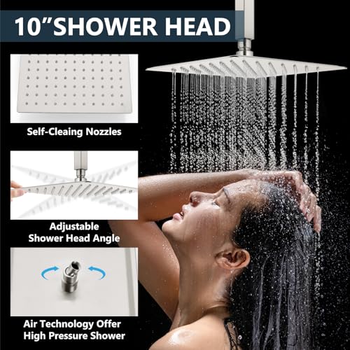 Aolemi Ceiling Mount Shower System Rain Shower Head with Handheld Spray High Pressure Shower Faucet Set Rough-in Valve Shower Trim Kit Included Bathroom Brushed Nickel 10 Inch Ceiling Shower Head - color: Nickel, size: 10 Inch Ceiling Shower Head