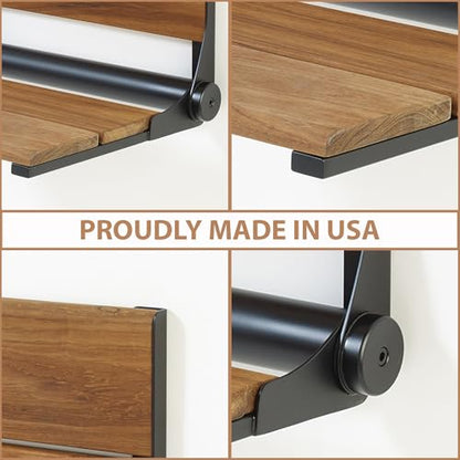 Teak Shower Seat - Contour Wood / Folding Wall Mount Bench for Inside Shower / ADA Safety Assist / 304 Stainless Steel / Matte Black / 26" x 16" - color: Matte Black, Teak, size: 26" x 16"