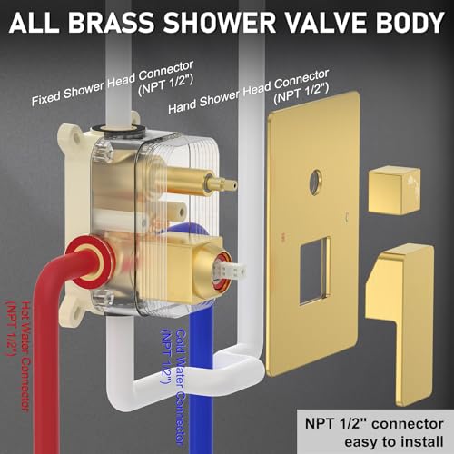 Iriber Brushed Gold Rain Shower System with 12 Inch Shower Head and Handheld shower Bathroom Wall Mounted Golden Shower Set Contain Shower Faucet Mixer Valve and Trim Kit (Valve Cartridge Included) - color: Brushed Gold 05