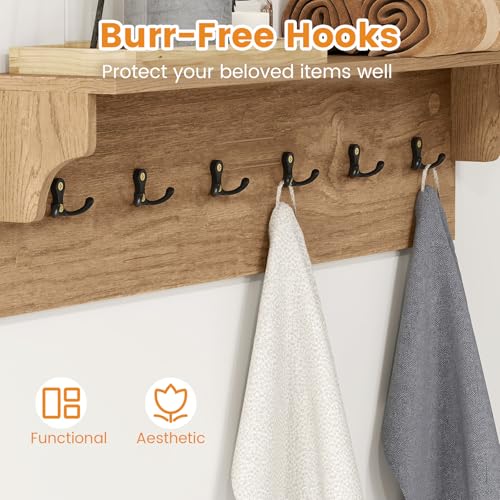 GIANTEX Coat Rack Wall Mount, 31.5" Wooden Coat Hooks with Shelf, Natural | Wall Clothes Rack w/ 6 Dual Hooks for Hats Towels Purses Robes, Floating Display Shelf for Living Room Bedroom Entryway - color: Natural