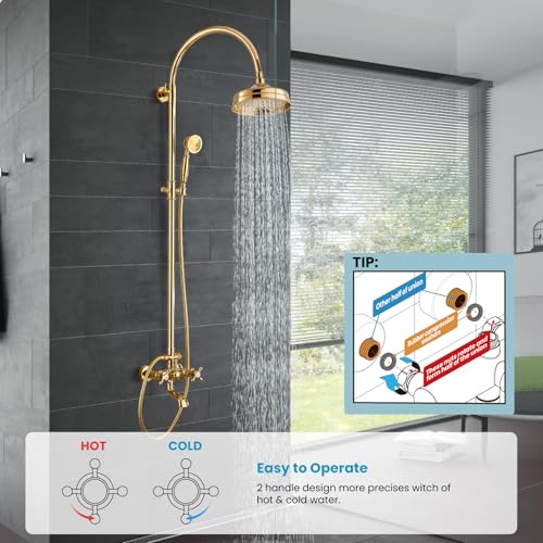 gotonovo Exposed Shower Faucet Set with Tub Spout Polished Gold | Brass Bathroom Shower System,8 Inch Rainfall Head with Handheld Spray and Tub Filler,Adjustable Height,6’’ Hole Distance - color: Bright Gold