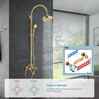 gotonovo Exposed Shower Faucet Set with Tub Spout Polished Gold | Brass Bathroom Shower System,8 Inch Rainfall Head with Handheld Spray and Tub Filler,Adjustable Height,6’’ Hole Distance - color: Bright Gold