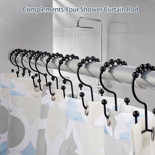 DAWNER Shower Curtain Hooks Rings, Rust Proof Hooks, Metal Easy Glide Double Shower Rings Hooks, Stainless Steel Shower Curtain Hangers for Bathroom Shower Curtains, Set of 12 Hooks, Matte Black - color: Matte Black