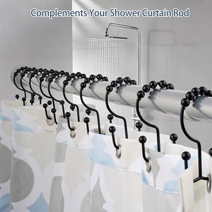 DAWNER Shower Curtain Hooks Rings, Rust Proof Hooks, Metal Easy Glide Double Shower Rings Hooks, Stainless Steel Shower Curtain Hangers for Bathroom Shower Curtains, Set of 12 Hooks, Matte Black - color: Matte Black