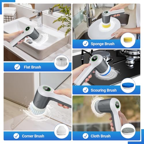 PUFTEM Electric Spin Scrubber, Cordless Shower Scrubber, Gray | Battery Level Display, Dual Speed, 6 Replaceable Brush Heads, IPX7 Waterproof, Long Runtime, Tub, Tile & Sink Cleaning - color: Gray