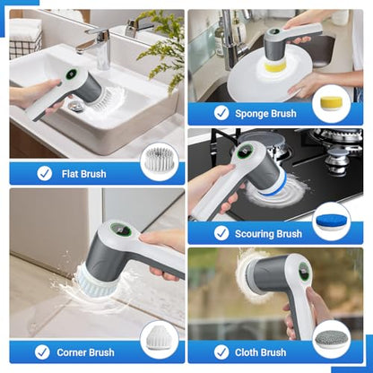 PUFTEM Electric Spin Scrubber, Cordless Shower Scrubber, Gray | Battery Level Display, Dual Speed, 6 Replaceable Brush Heads, IPX7 Waterproof, Long Runtime, Tub, Tile & Sink Cleaning - color: Gray
