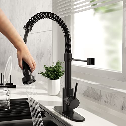 Kitchen Faucet with Pull Down Sprayer, Single Handle Pull Down Spring Sink Faucet, 1 Hole or 3 Hole Dual Function Sprayer for Farmhouses, Utility Rooms, RV's and Bars - color: Matte Black, style: Spring