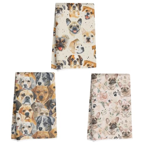 ZHAMEN 3Pcs Vintage Dog Portrait Kitchen Towels Waffle Soft Dish Hand Towel | Cute Pug Decorative Absorbent Microfiber Cloth Tea Towel for Kitchen Home Bathroom, Dog Lover Gifts for Women - color: Multi 1364