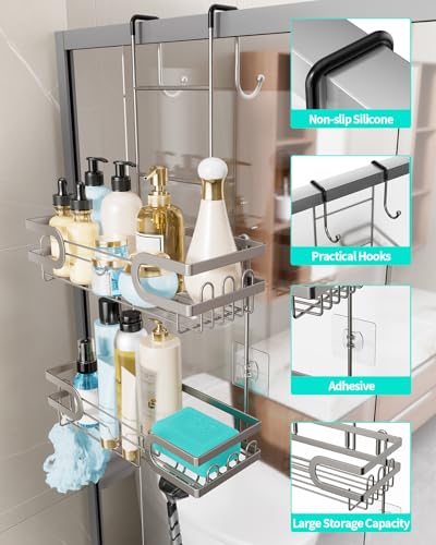 HapiRm Shower Caddy over Door- Hanging Shower Organizer with 14 Hooks and Soap Holder, Rustproof & Waterproof Stainless Steel Bathroom Shelf - Brushed Nickel - color: Brushed Nickel
