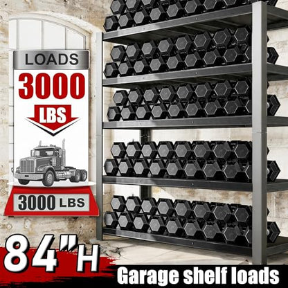 84" H 5-Tier Heavy Duty Storage Shelves, 3000LBS Capacity Adjustable Metal Industrial Garage Shelving Units,Freestanding Storage Rack for Shop and Warehouse, 84" H x 55" W x 24" D - size: 24"D x 55.1"W x 84.1"H(Metal Board)