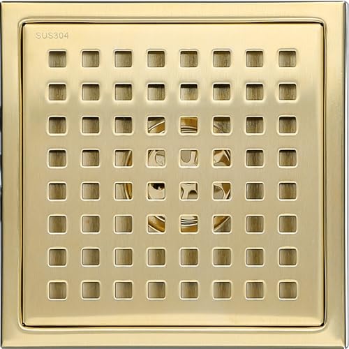 6 Inch Square Shower Floor Drain with Removable Cover Grid Grate,SUS304 Stainless Steel Brushed Gold Brass Finished,98738BG6. - color: Brushed Gold
