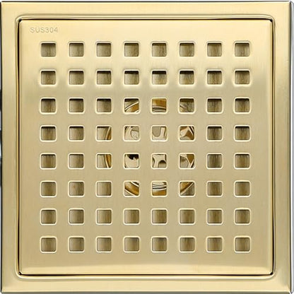 6 Inch Square Shower Floor Drain with Removable Cover Grid Grate,SUS304 Stainless Steel Brushed Gold Brass Finished,98738BG6. - color: Brushed Gold