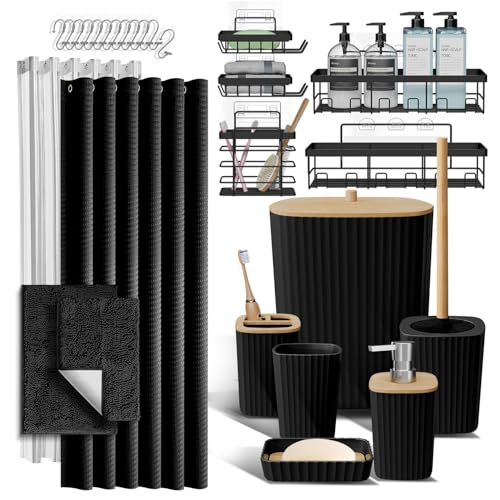 Clara Clark Bathroom Accessories Set - 27PC Bathroom Set with Adhesive Corner Shower Caddy Hanging, Bathroom Sets with Shower Curtain and Rugs, Black Shower Curtain Set with Bathroom Trash Can | 27 Piece Bathroom Sets with Shower Curtain and Rugs with Soa