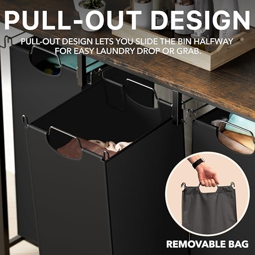 Simple Houseware 3-Section Laundry Sorter w/Tabletop Shelf, Rustic Brown | 3 Pull-Out,10-Gallon Hampers, Metal Frame Laundry Organizer for Bedroom, Bathroom,