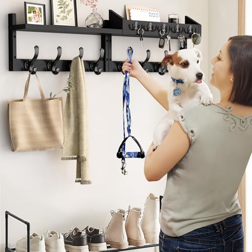 Evermagin 35" Coat Rack Wall Mount with Shelf & 13 Hooks, Entryway, Black | Wooden Wall Mounted Coat and Key Rack with Hooks, Key Hanger with Mail Holder for Living Room, Mudroom, Bedroom - color: Black, size: 35 inch