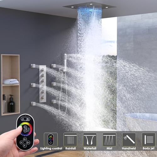 Enga Shower System With Spa Body Jets, 20 Inch LED Waterfall Atomizing Horizontal Square Ceiling Shower Head with Remote Control, Thermostatic Shower Faucet Set Flow Can Be Controlled Brushed Nickel - color: Brushed Nickel, style: 20" Head (Rain + Mist+Wa