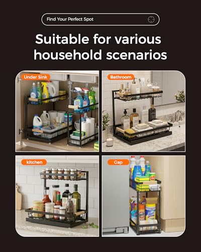 3-Pack 2-Tier Height Adjustable Under Sink Organizer, Black | Multi-purpose metal storage shelf with sliding shelves for kitchen, bathroom, pantry & laundry cabinet - color: Black