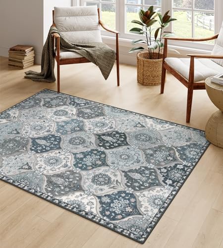 Lahome Moroccan Washable Living Room Rug, 5x8 Rugs for Bedroom Dining Room | Soft Non-Slip Non Shedding Boho Distressed Throw Carpet for Nursery Office Elise, Blue - color: Dusty Blue Grey, size: 5' X 8' (Rectangular)