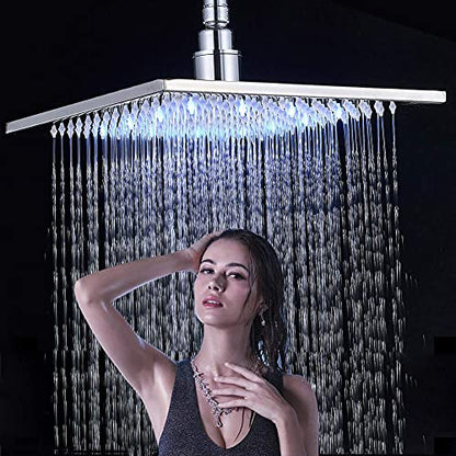 NeierThodore Polished Chrome Large 16 Inch LED Shower Head Solid Square Rainfall with Rubber Nozzles, 3 Settings - color: Chrome, size: 16 Inch