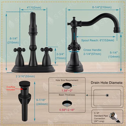 Matte Black Antique Bathroom Faucet, 4 Inch Centerset | Stainless Steel, Lavatory Faucet, Pop Up Drain, 4 inch Centerset - color: Matte Black