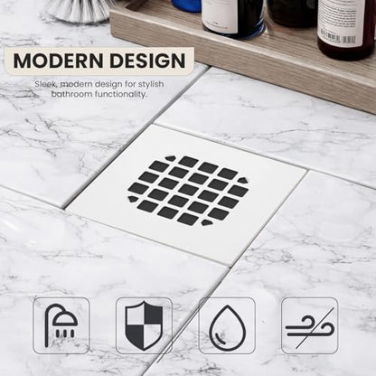 4-1/4” Square Snap-in White Shower Drain - Stainless Steel Replacement - 4.25 inch Durable Floor Cover -Snap-in - Easy Installation Universal Grate Strainer - color: White