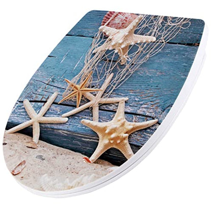 White Plastic Quick Release Toilet Seat - Oval Shape, Top Fixing with Adjustable Hinges, Easy Clean, Seagull and Starfish Design - One Size - color: Starfish