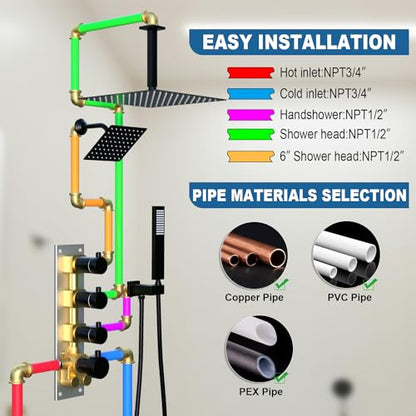 Enga Thermostatic Dual Shower Heads System, 16" + 6" Dual Rain Shower System (Can All Run Together & Volume Adjustable) Dual Shower Head Combo Set, Matte Black - color: Matte Black, style: ‎16"+6" Head