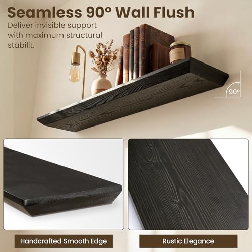 Acovy 30in Solid Spruce Wood Floating Shelves with Beveled Bottom Edges, Wooden Floating Shelf with Heavy-Duty Bracket for Living Room Bathroom Bedroom Kitchen, Rustic Black, Set of 2 - color: Rustic Black, size: 30"-2 Packs