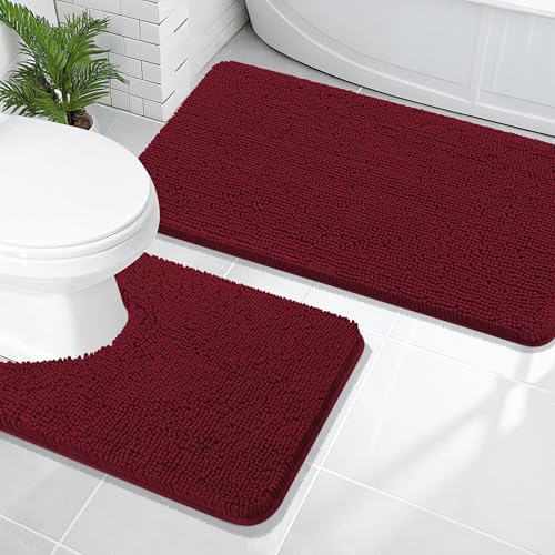 OLANLY Bathroom Rugs Sets 2 Piece, Soft Absorbent Chenille Bath Mats and U-Shaped Contour Toilet Mat Area Rug Set, Machine Washable Bath Carpet, Home Decor Accessories(47"x20"+24"x20", Burgundy) - color: Burgundy, size: 47" X 20" + U24" X 20"