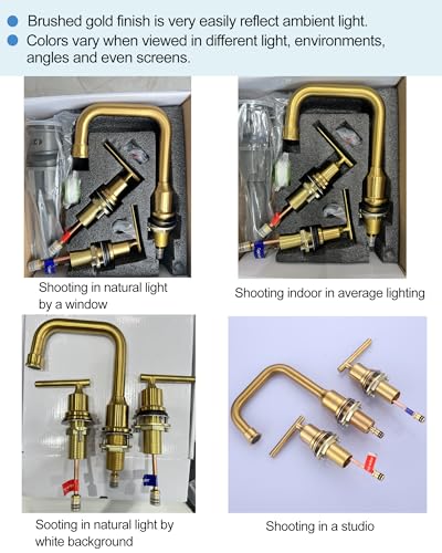 WOWOW Gold Bathroom Faucet 3 Hole, Widespread Vanity Sink Faucets 8 Inch | Copper Inlet Brushed Gold Faucet for Bathroom Sink with Swivel Spout, 2 Handles Lavatory Tap with Drain and cUPC Supply Line - color: Brushed Gold, style: Upgrade-8 Inch