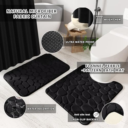 Bathroom Sets with Shower Curtain and Rugs Bathroom Accessories Set Black Bathroom Set,Soap Dispenser & Toilet Brush Holder Set with Stainless Steel Trash Can(23 PCS) - size: Black, style: Bath Set+Waffle Shower Curtain+Bath Rugs