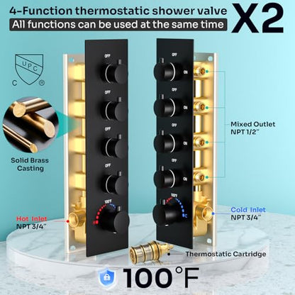 HOMEDEC Luxury Dual Shower System for Couples, LED 14x20" 2-Function and Dual 6" Side Wall Mounted Shower Heads, with 4-Way Diverter Valves, Black - color: Black