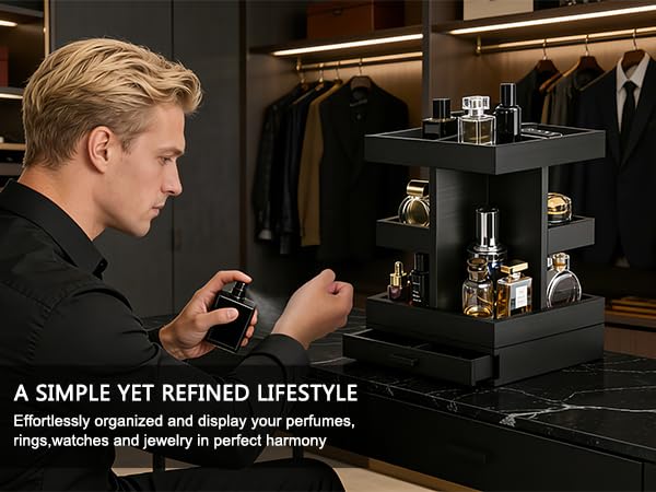 Rotating Cologne Organizer for Men, 3 Tier Wooden Stand with Drawer | 360 Spinning Perfume Holder, Large Capacity Modern Men's Vanity Tray & Dresser Organizer, Sleek Matte Black Wood Construction